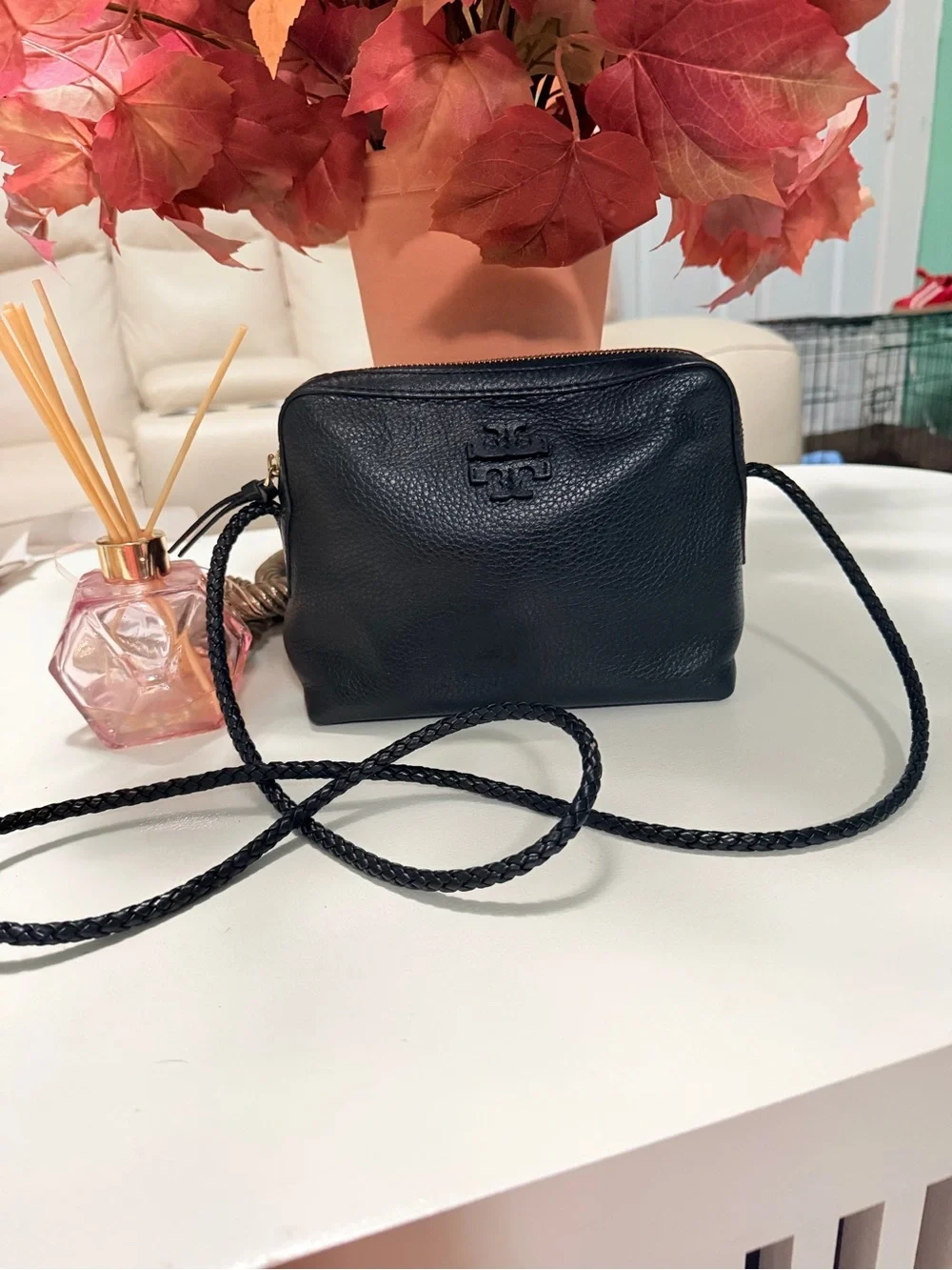 Tory Burch Black Pebbled Leather Braided-Strap Crossbody